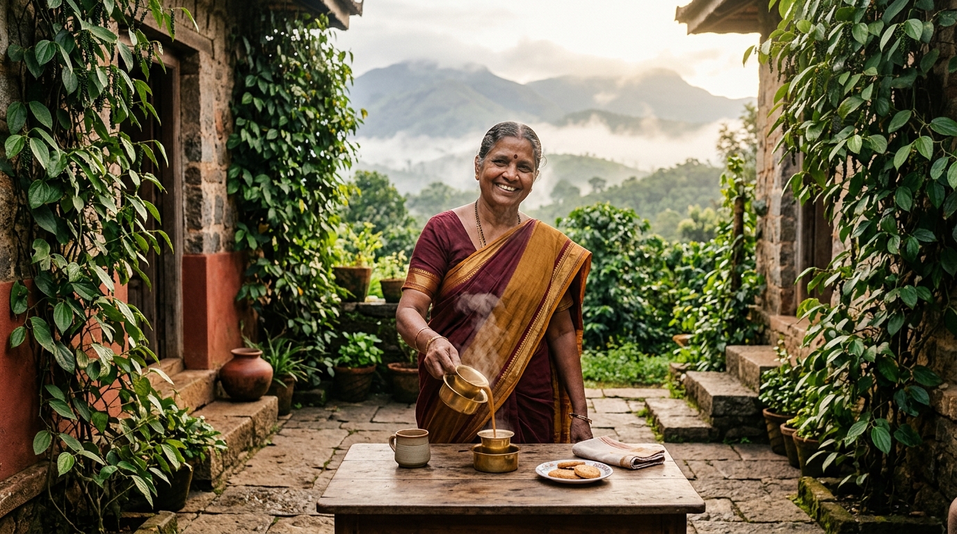Authentic Indian homestay host serving fresh estate filter coffee in Chikmagalur